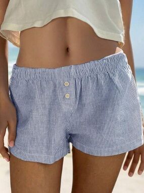 Women’s Seersucker Button-Up Striped Beach Vacation Shorts